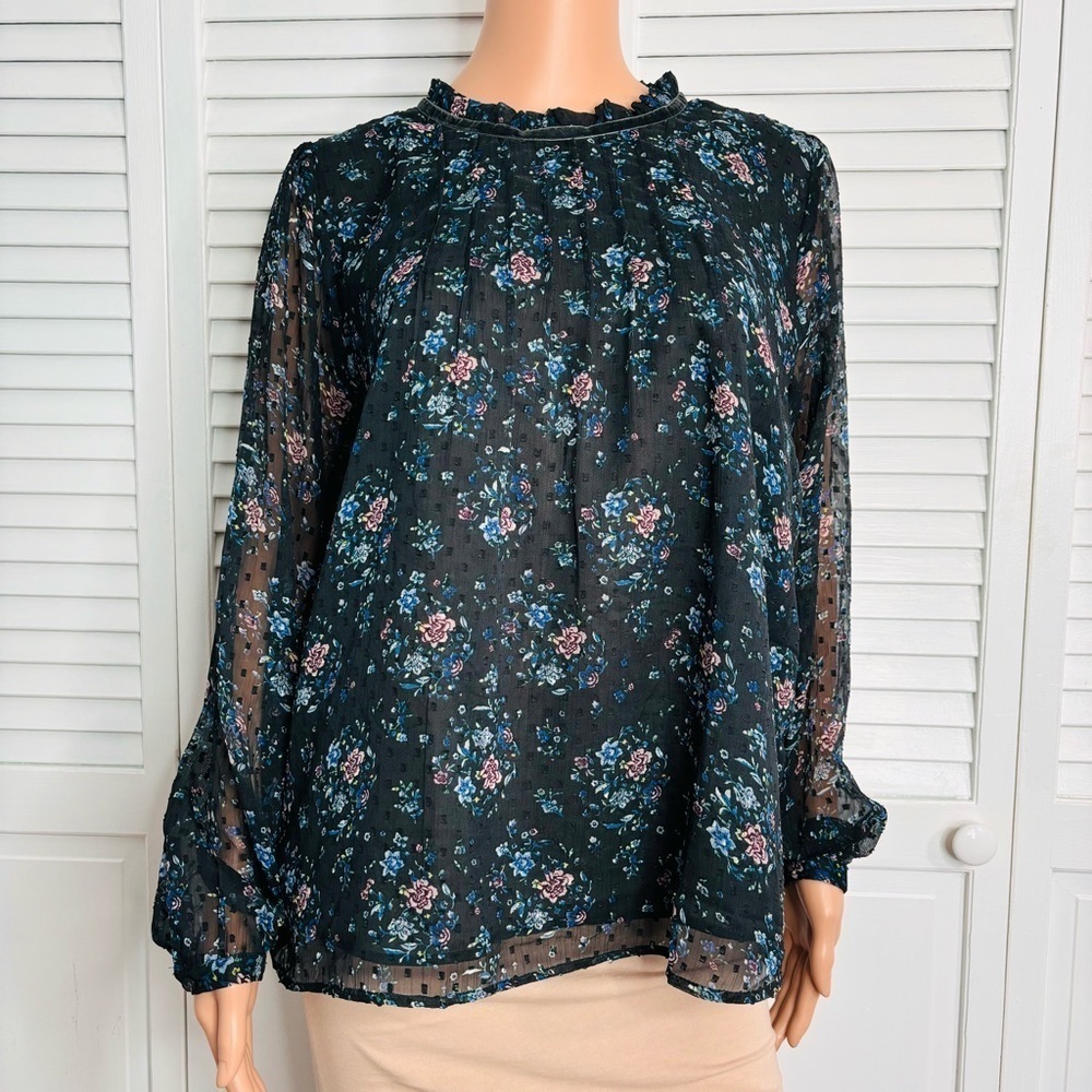 2/$25 LOFT Black Floral Spring Long Sleeve High Neck Blouse Size Large